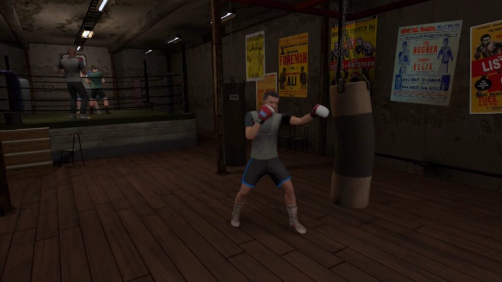 captured image from inside the Quest 2 headset, showing a virtual boxing gym.
